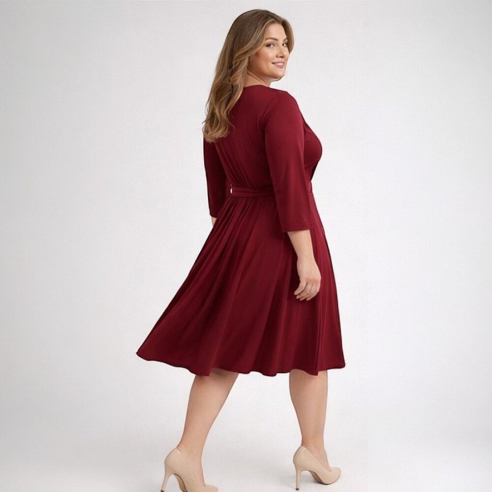 Flattering Burgundy Faux Wrap V-Neck Pleated Dress XL Self Tie Belt - Picture 4 of 6